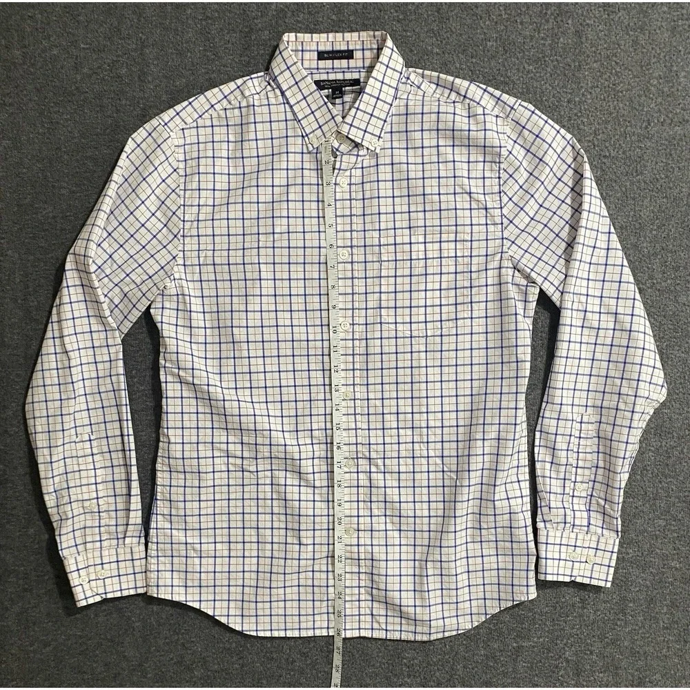 Banana Republic Mens M Slim Flex Fit Tech Stretch Cotton Check Shirt Long Sleeve